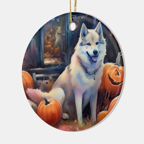 Halloween Alaskan Malamute With Pumpkins Scary Ceramic Ornament