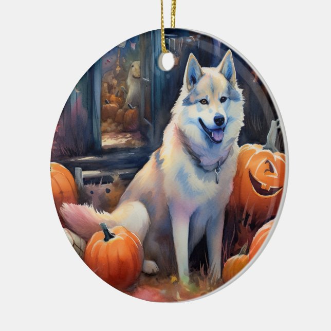 Halloween Alaskan Malamute With Pumpkins Scary Ceramic Ornament (Left)