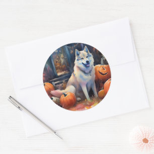 Halloween Alaskan Malamute With Pumpkins Scary Classic Round Sticker