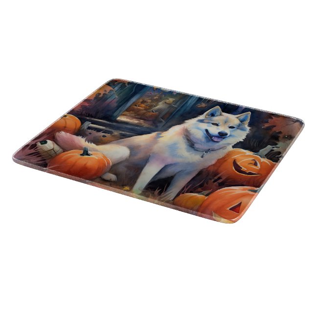 Halloween Alaskan Malamute With Pumpkins Scary Cutting Board (Corner)