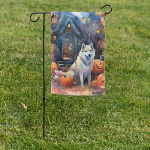 Halloween Alaskan Malamute With Pumpkins Scary Garden Flag