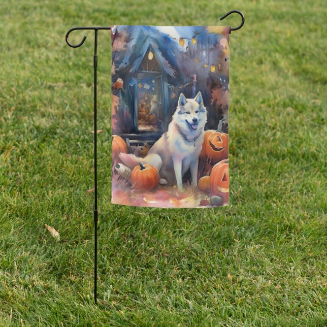 Halloween Alaskan Malamute With Pumpkins Scary Garden Flag (In SItu)