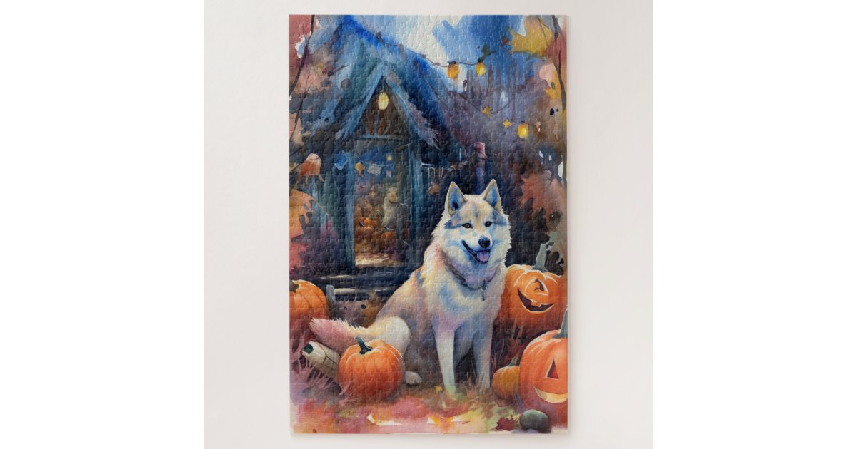 Halloween Alaskan Malamute With Pumpkins Scary Jigsaw Puzzle | Zazzle