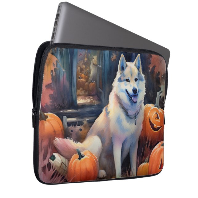 Halloween Alaskan Malamute With Pumpkins Scary Laptop Sleeve (Front Right)