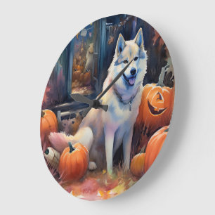 Halloween Alaskan Malamute With Pumpkins Scary Large Clock