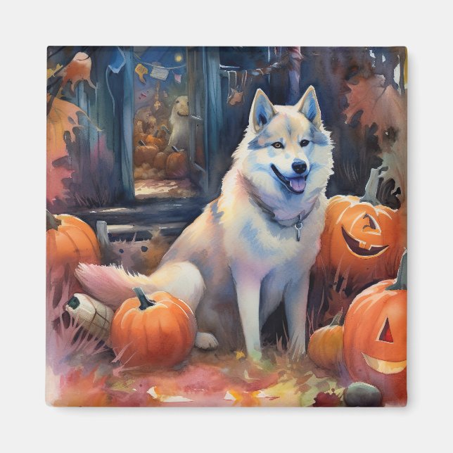 Halloween Alaskan Malamute With Pumpkins Scary Magnet (Front)