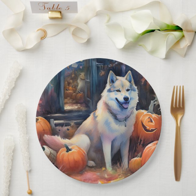 Halloween Alaskan Malamute With Pumpkins Scary Paper Plates (Wedding)