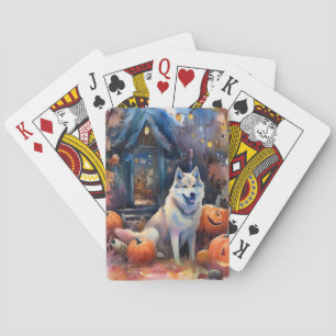Halloween Alaskan Malamute With Pumpkins Scary Poker Cards