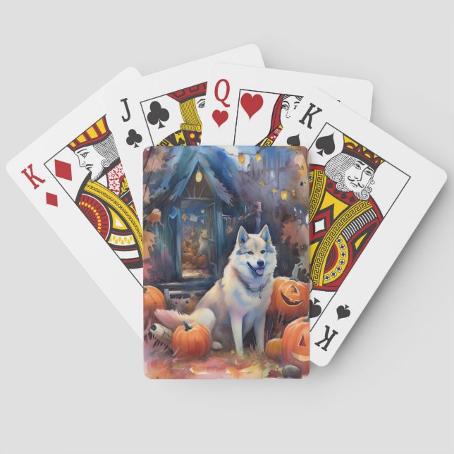 Halloween Alaskan Malamute With Pumpkins Scary Poker Cards (Back)