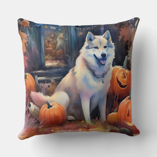 Halloween Alaskan Malamute With Pumpkins Scary Throw Pillow (Back)