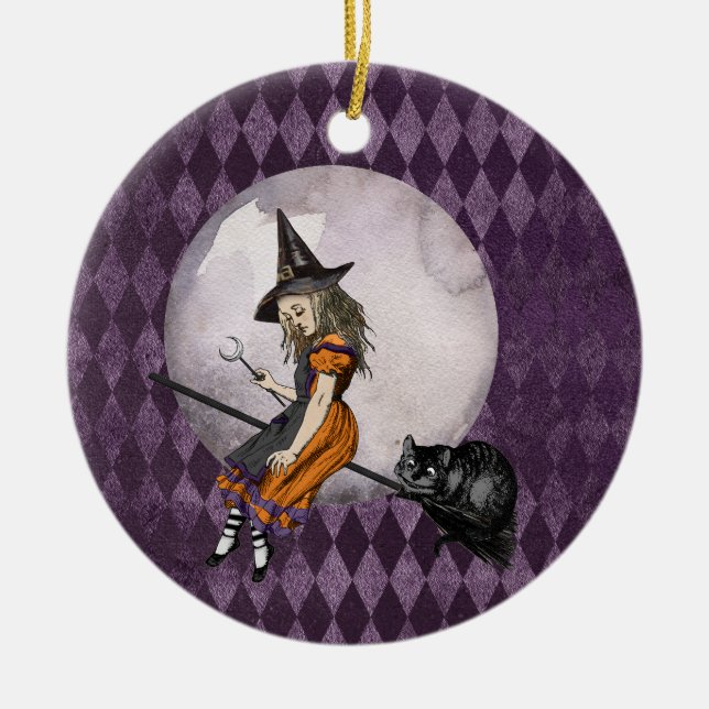 Halloween Alice in Wonderland Cheshire Cat Moon Ceramic Ornament (Front)