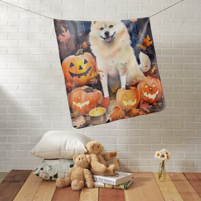 Halloween American Akita With Pumpkins Scary Baby Blanket (In Situ)