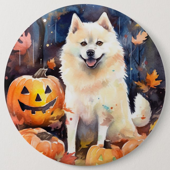 Halloween American Akita With Pumpkins Scary Button (Front)
