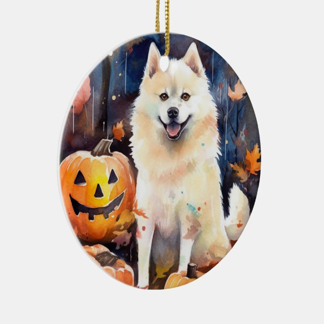 Halloween American Akita With Pumpkins Scary Ceramic Ornament (Right)