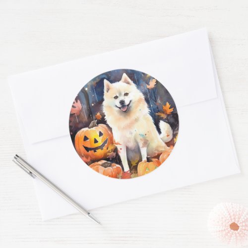Halloween American Akita With Pumpkins Scary Classic Round Sticker