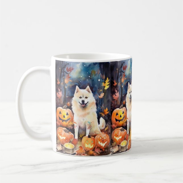 Halloween American Akita With Pumpkins Scary Coffee Mug (Left)