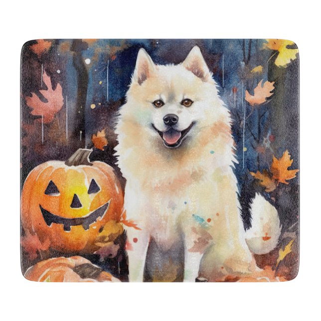 Halloween American Akita With Pumpkins Scary Cutting Board (Front)