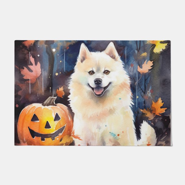 Halloween American Akita With Pumpkins Scary Doormat (Front)