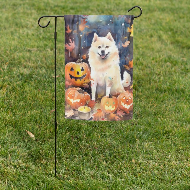 Halloween American Akita With Pumpkins Scary Garden Flag (In SItu)