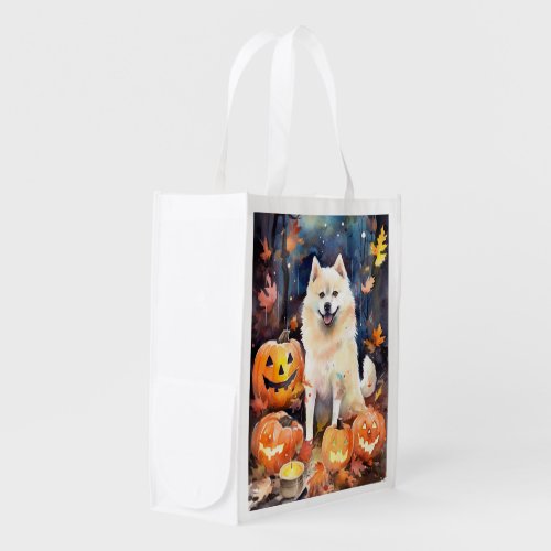 Halloween American Akita With Pumpkins Scary Grocery Bag