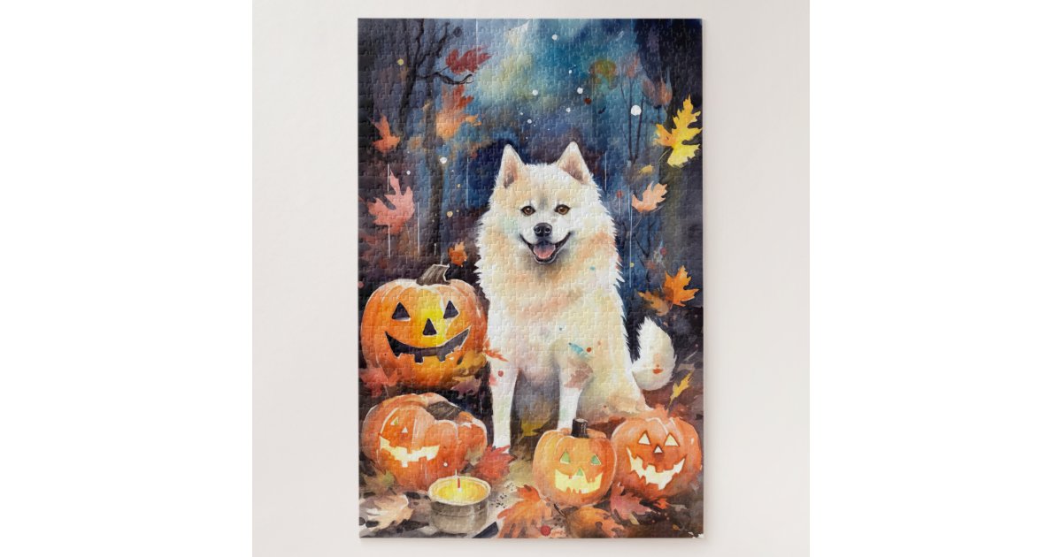 Halloween American Akita With Pumpkins Scary Jigsaw Puzzle | Zazzle