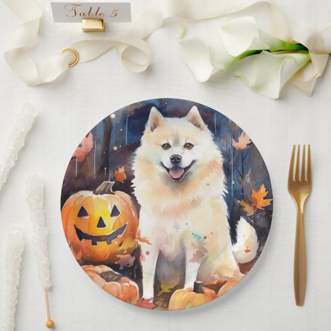 Halloween American Akita With Pumpkins Scary Paper Plates (Wedding)