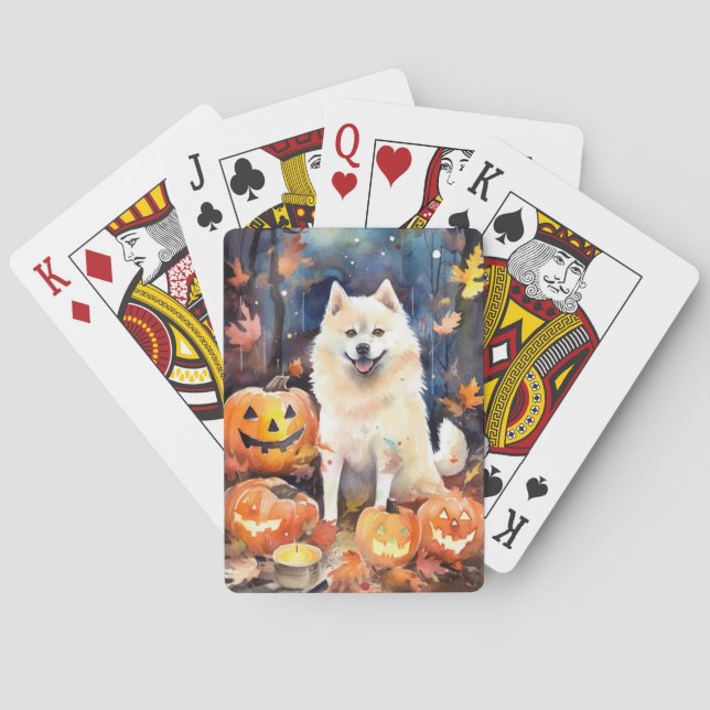 Halloween American Akita With Pumpkins Scary Poker Cards (Back)