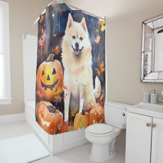 Halloween American Akita With Pumpkins Scary Shower Curtain (In Situ)