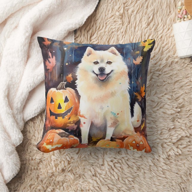 Halloween American Akita With Pumpkins Scary Throw Pillow (Blanket)