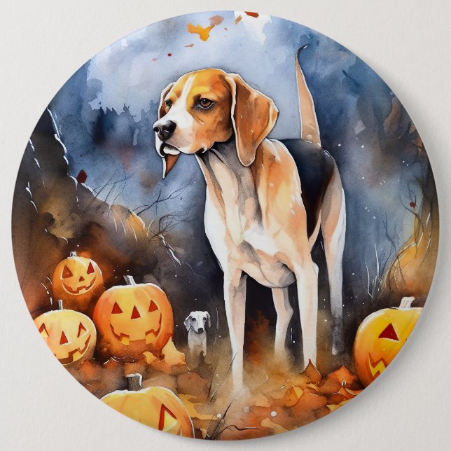 Halloween American English Foxhound With Pumpkins Button (Front)