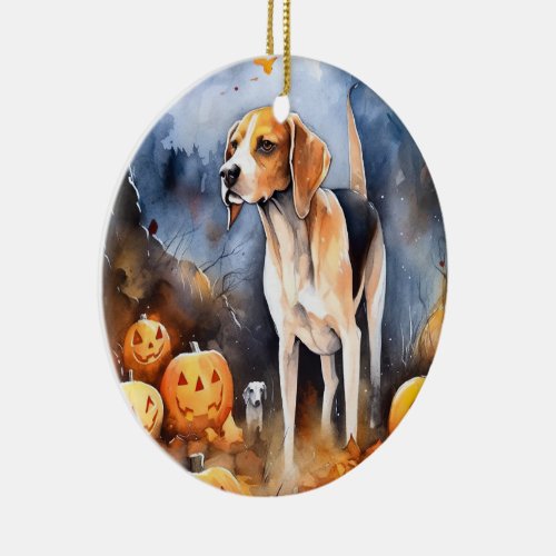 Halloween American English Foxhound With Pumpkins Ceramic Ornament