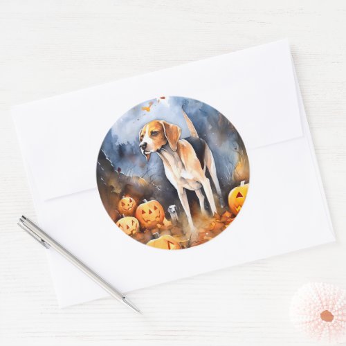 Halloween American English Foxhound With Pumpkins Classic Round Sticker