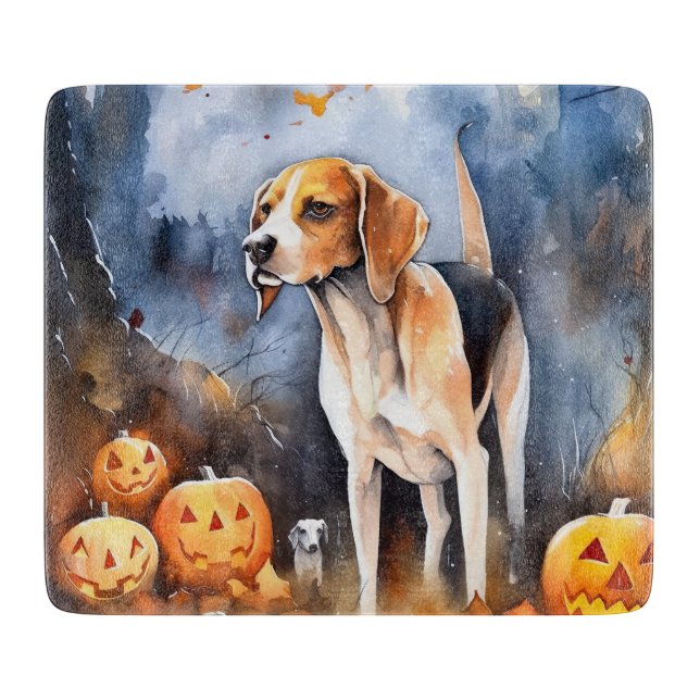 Halloween American English Foxhound With Pumpkins Cutting Board (Front)
