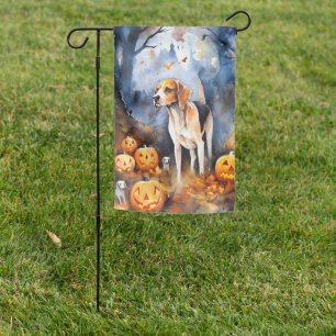Halloween American English Foxhound With Pumpkins Garden Flag