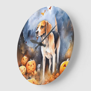 Halloween American English Foxhound With Pumpkins Large Clock