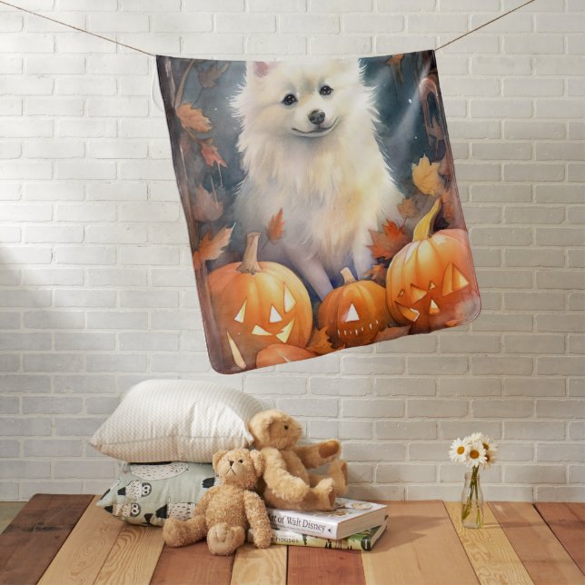 Halloween American Eskimo With Pumpkins Scary Baby Blanket (In Situ)