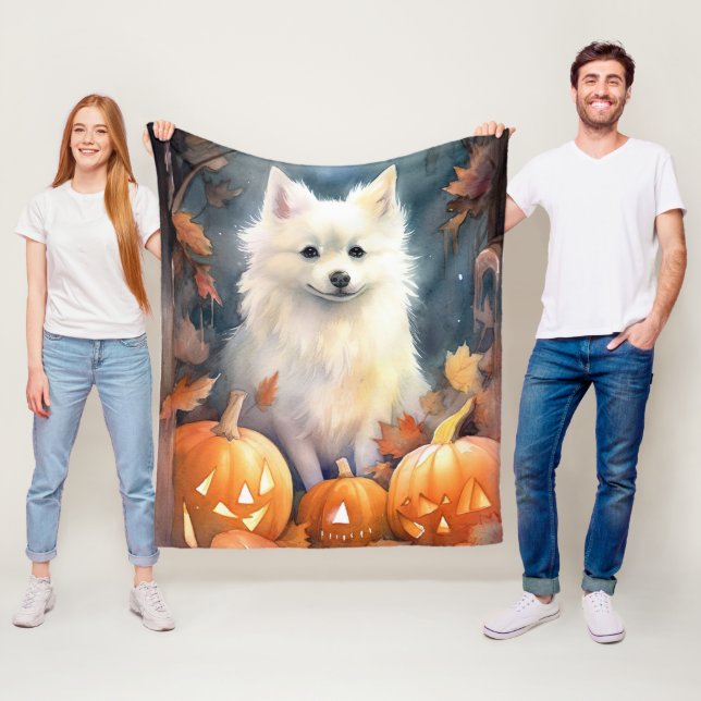 Halloween American Eskimo With Pumpkins Scary Fleece Blanket (In Situ)