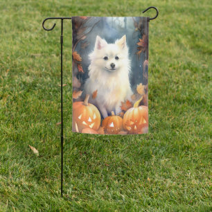 Halloween American Eskimo With Pumpkins Scary Garden Flag