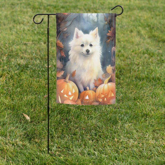 Halloween American Eskimo With Pumpkins Scary Garden Flag (In SItu)