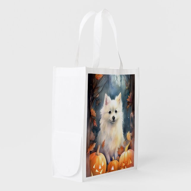 Halloween American Eskimo With Pumpkins Scary Grocery Bag (Front Side)