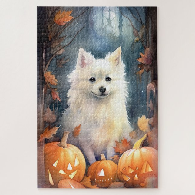 Halloween American Eskimo With Pumpkins Scary Jigsaw Puzzle (Vertical)