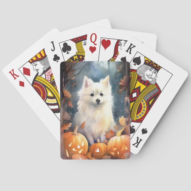 Halloween American Eskimo With Pumpkins Scary Poker Cards (Back)