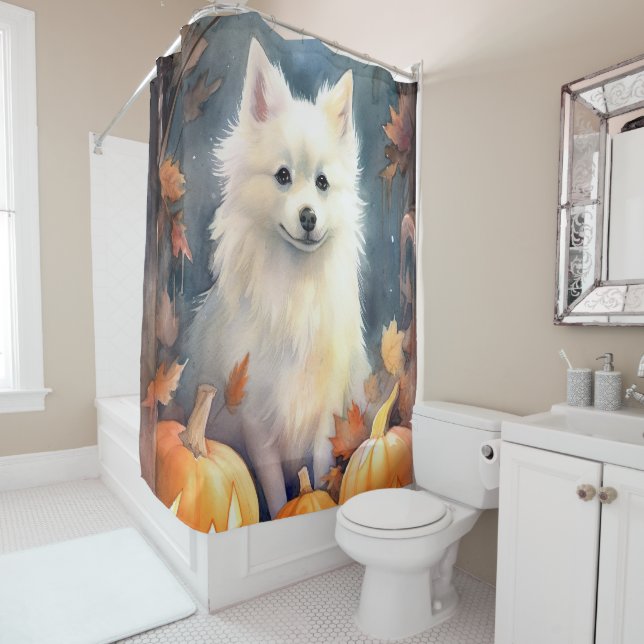 Halloween American Eskimo With Pumpkins Scary Shower Curtain (In Situ)