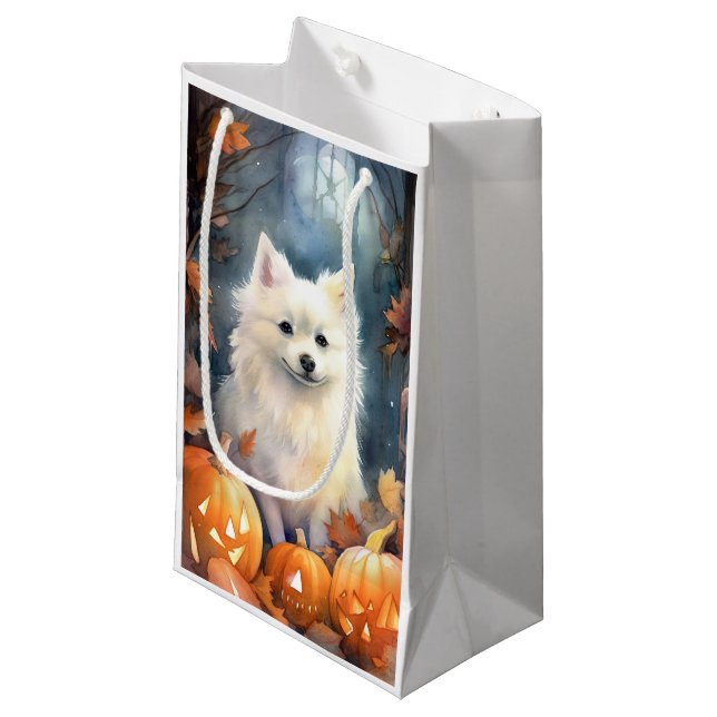 Halloween American Eskimo With Pumpkins Scary Small Gift Bag (Front Angled)