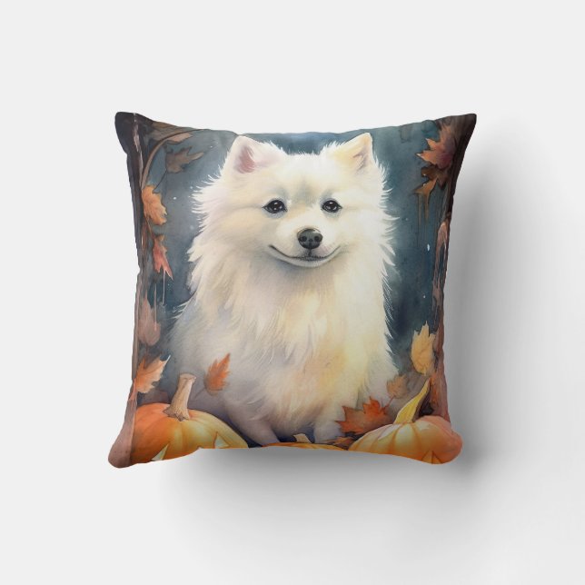 Halloween American Eskimo With Pumpkins Scary Throw Pillow (Back)