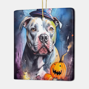 Halloween American Staffordshire With Pumpkins Ceramic Ornament