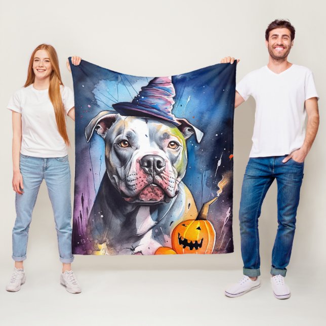 Halloween American Staffordshire With Pumpkins Fleece Blanket (In Situ)