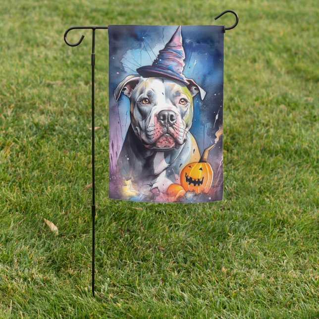 Halloween American Staffordshire With Pumpkins Garden Flag (In SItu)
