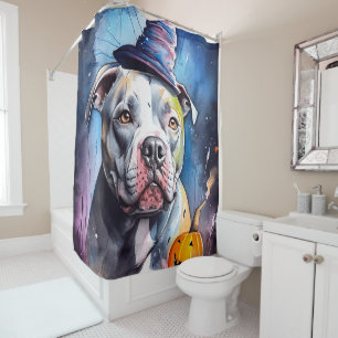 Halloween American Staffordshire With Pumpkins Shower Curtain