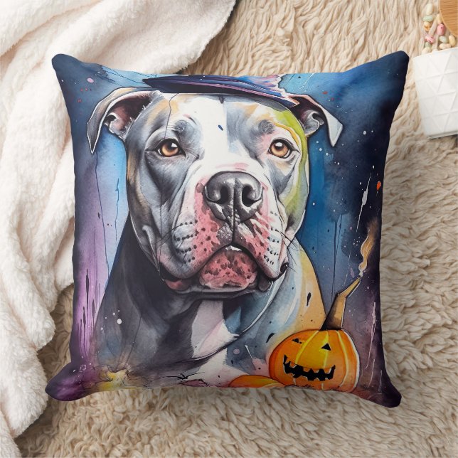 Halloween American Staffordshire With Pumpkins Throw Pillow (Blanket)